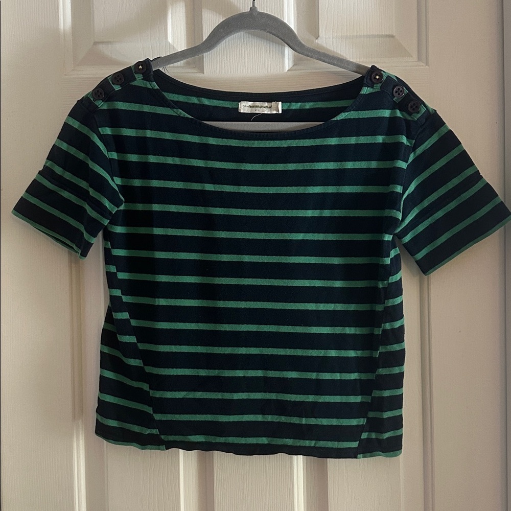 Pilcro Navy and Green Striped Short Sleeve Top small - Picture 2 of 6